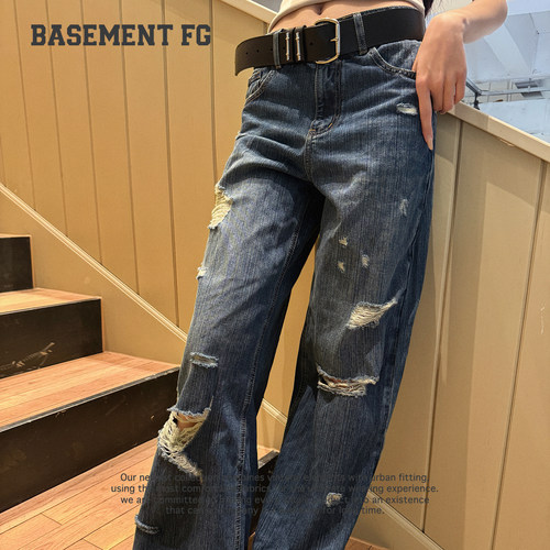 BASEMENTFG街头风破洞牛仔裤女高腰显瘦百搭直筒长裤267330069031