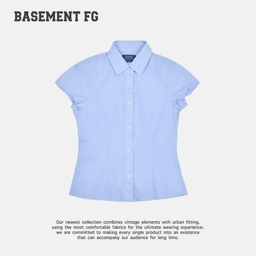 BASEMENTFG复古风蓝色条纹翻领短袖衬衫修身收腰上衣262070012028