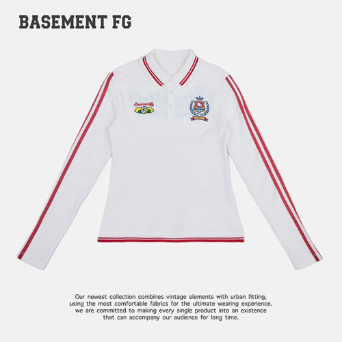BASEMENTFG美式复古条纹长袖T恤白色翻领刺绣运动风251030225005