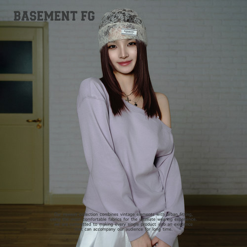BASEMENTFG慵懒风斜肩长袖卫衣女宽松不对称上衣紫色261030117032