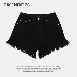BASEMENTFG黑色毛边牛仔短裤女高腰辣妹热裤铆钉风267320020001