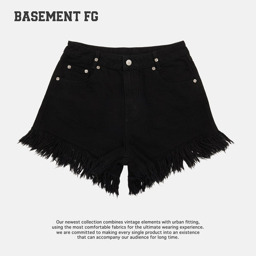 BASEMENTFG黑色毛边牛仔短裤女高腰辣妹热裤铆钉风267320020001
