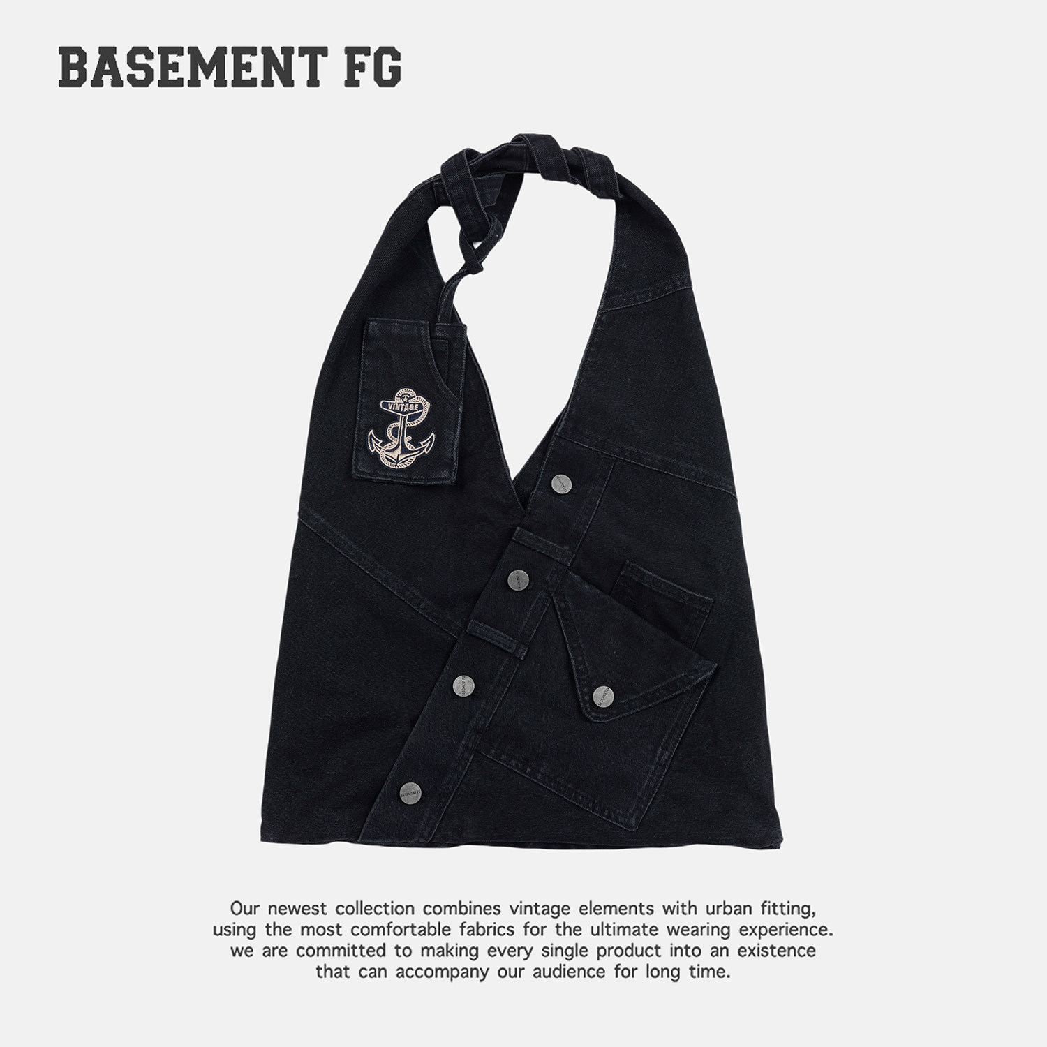 BASEMENTFG复古风黑色手提包女单肩包大容量金属扣包264020005001