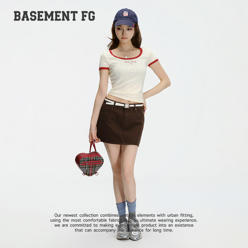 BASEMENTFG复古高腰牛仔半身裙女短款A字裙咖啡色267350009013