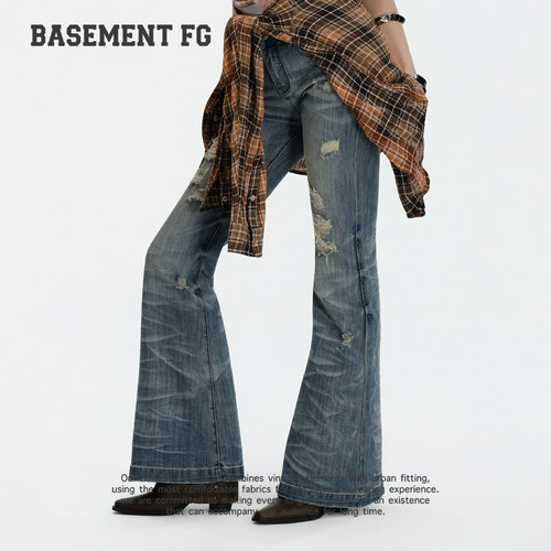 BASEMENTFG美式复古微喇牛仔裤女破洞显瘦长裤潮裤267330019284