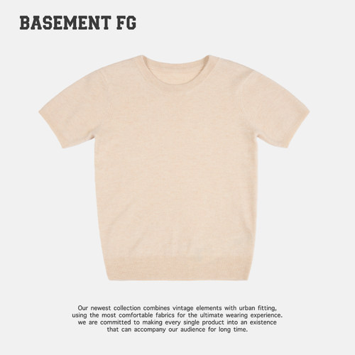 BASEMENTFG极简风圆领短袖针织衫女米色宽松毛织上衣263020008080