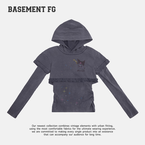 BASEMENTFG连帽长袖T恤灰色卡通印花层次感休闲上衣261030061021