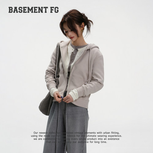 BASEMENTFG美式复古连帽卫衣拉链开衫百搭休闲连帽衫261080045011