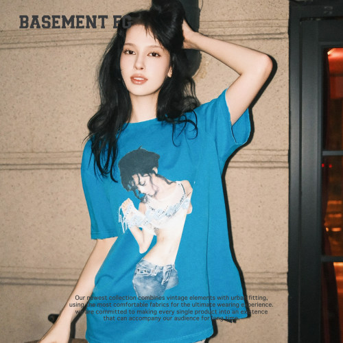 BASEMENTFG复古风短袖T恤女宽松休闲蓝色印花上衣261020483072