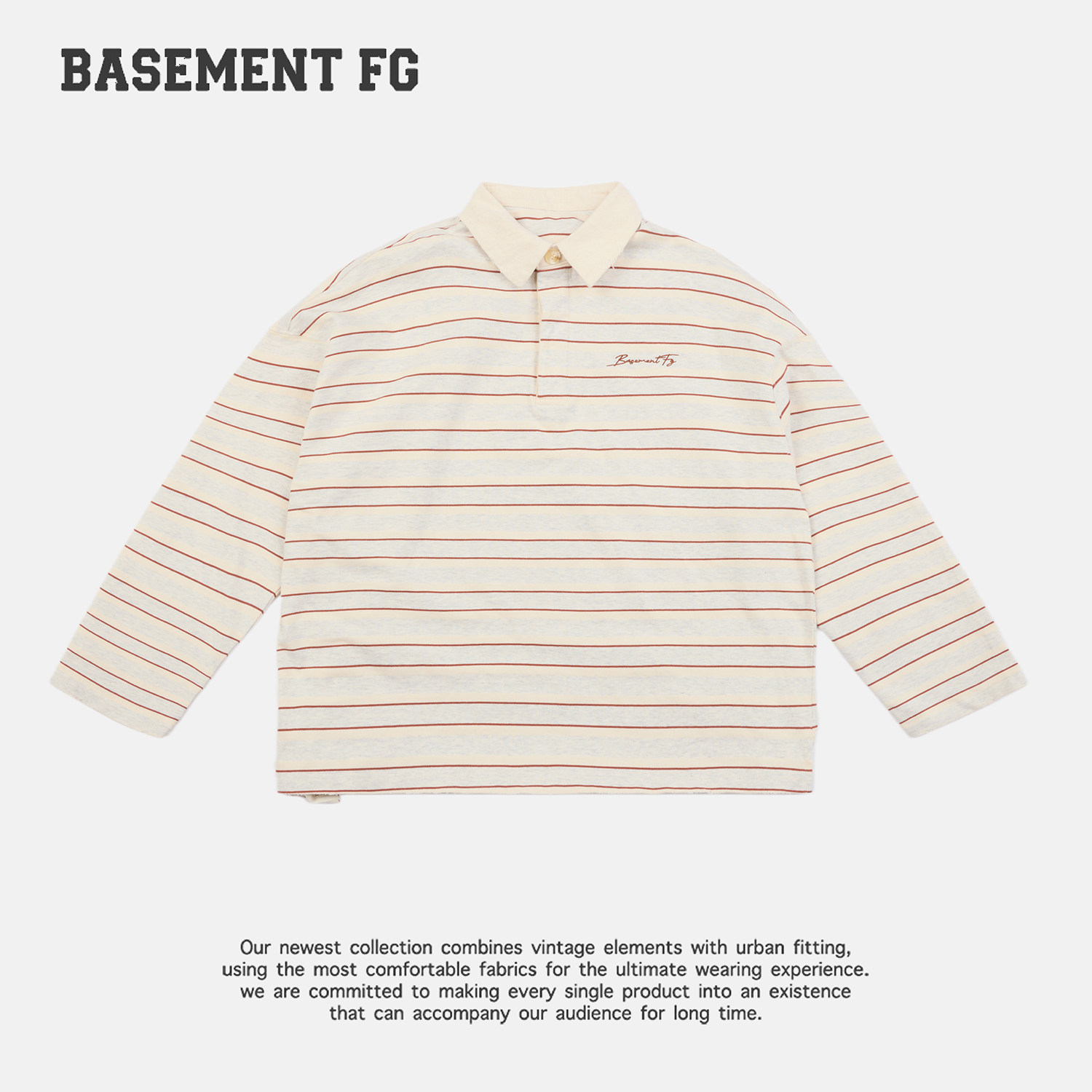 BASEMENTFG美式复古条纹翻领长袖POLO衫宽松百搭251030005106