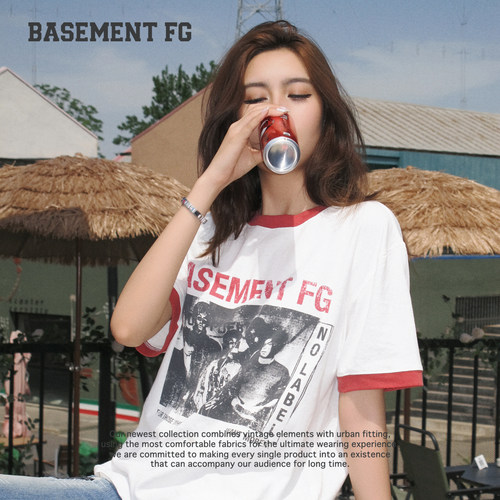 BASEMENTFG美式复古乐队印花短袖T恤女街头休闲风261020392004