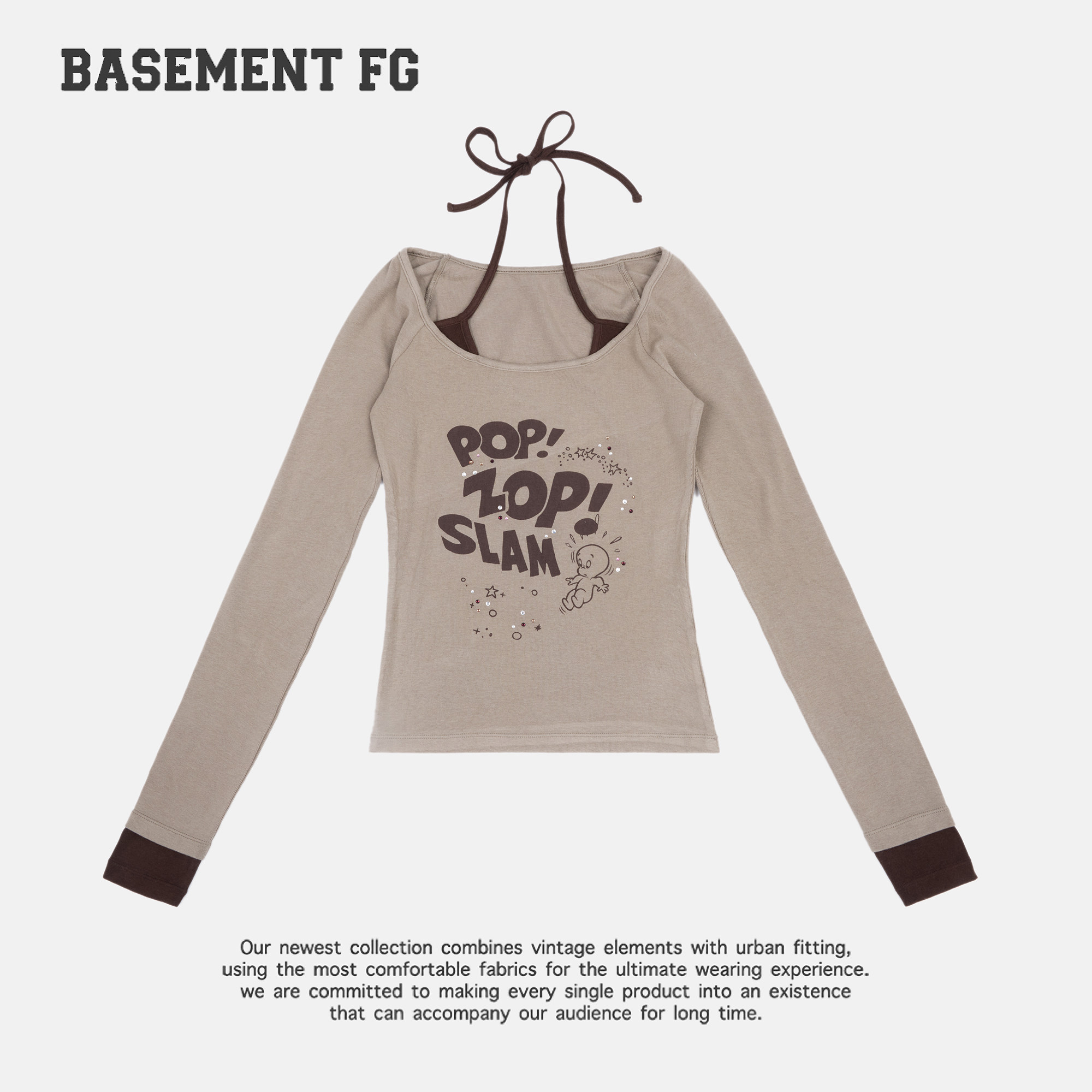 BASEMENTFG复古挂脖长袖T恤女字母印花撞色袖口上衣261030018011