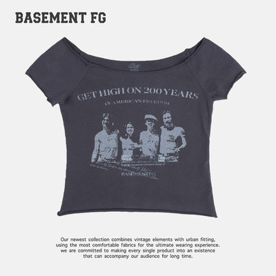 BASEMENTFG美式复古印花短袖T恤一字肩修身显瘦辣妹261020219021