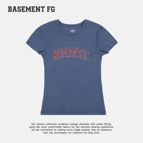 BASEMENTFG美式复古圆领短袖T恤女蓝色字母印花修身261020082031