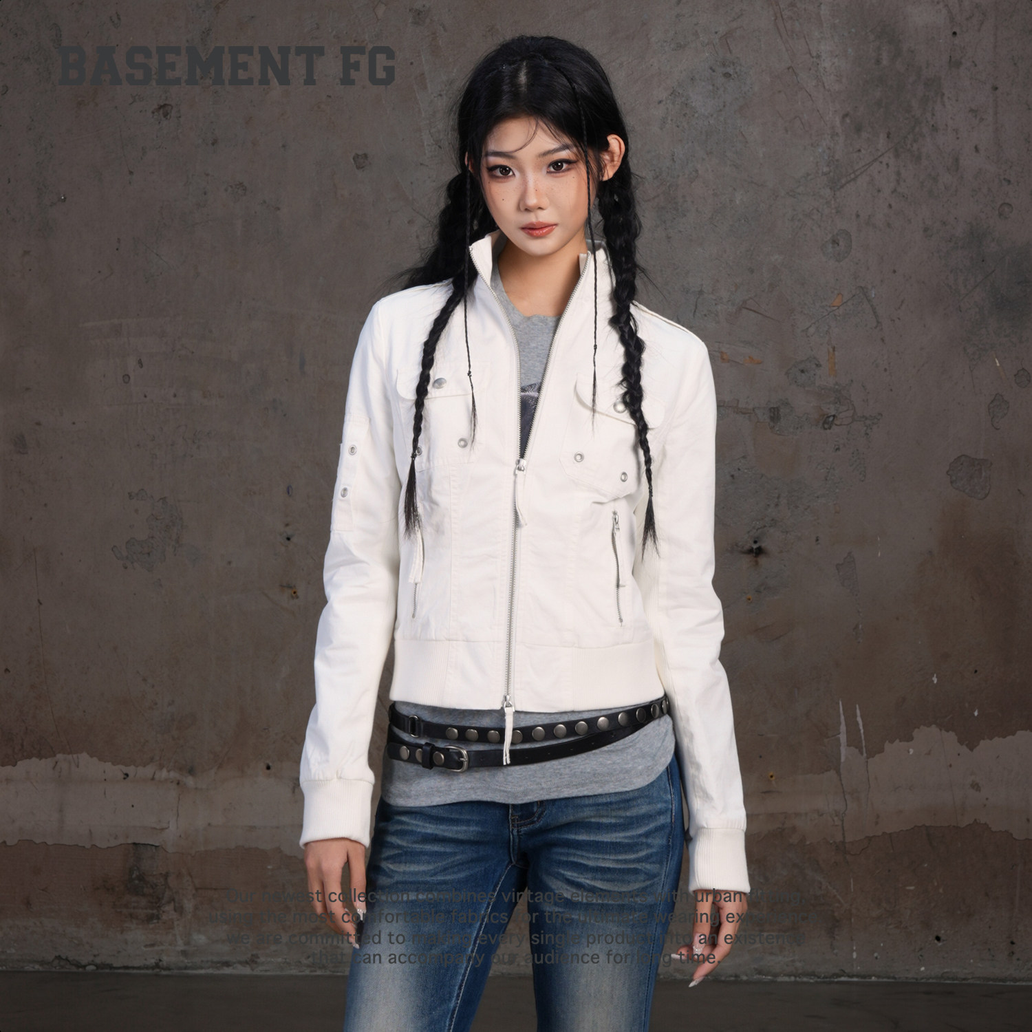BASEMENTFG梭织外套26秋冬新款复古机车白色立领外套262080088004