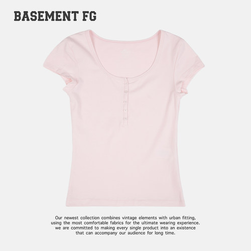 BASEMENTFG极简风U领短袖T恤女三粒扣上衣261020213025