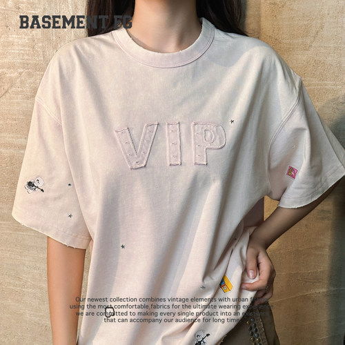 BASEMENTFG高街风VIP字母刺绣短袖T恤女宽松落肩袖261020559024