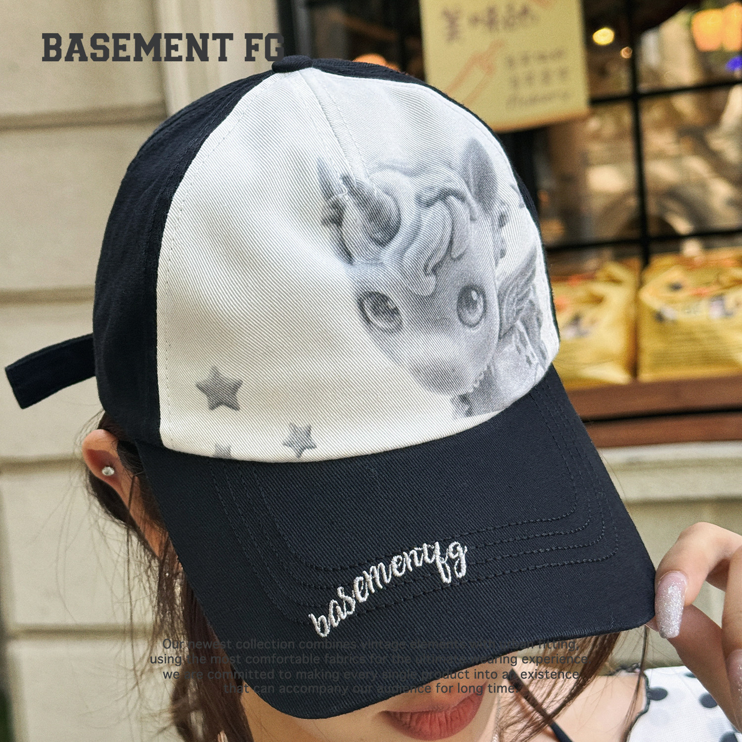 BASEMENTFG撞色卡通印花棒球帽拼接鸭舌帽可爱显脸小264010060001 - 实物图