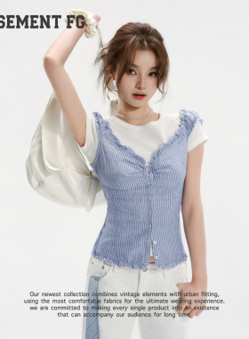 BASEMENTFG美式学院风蓝色格纹小飞袖短袖T恤262020013072