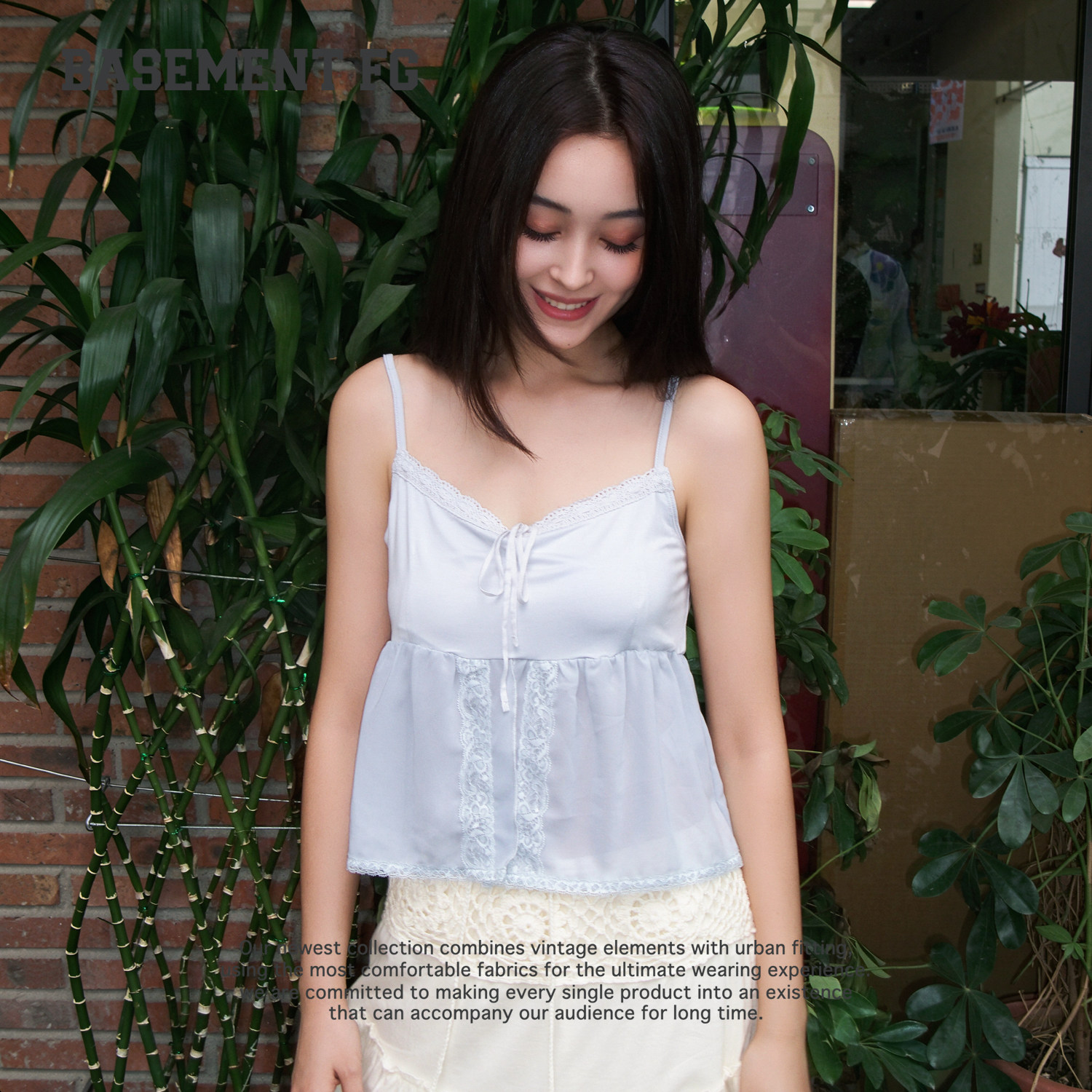 BASEMENTFG法式甜美风白色蕾丝花边系带小吊带背心女261010403028