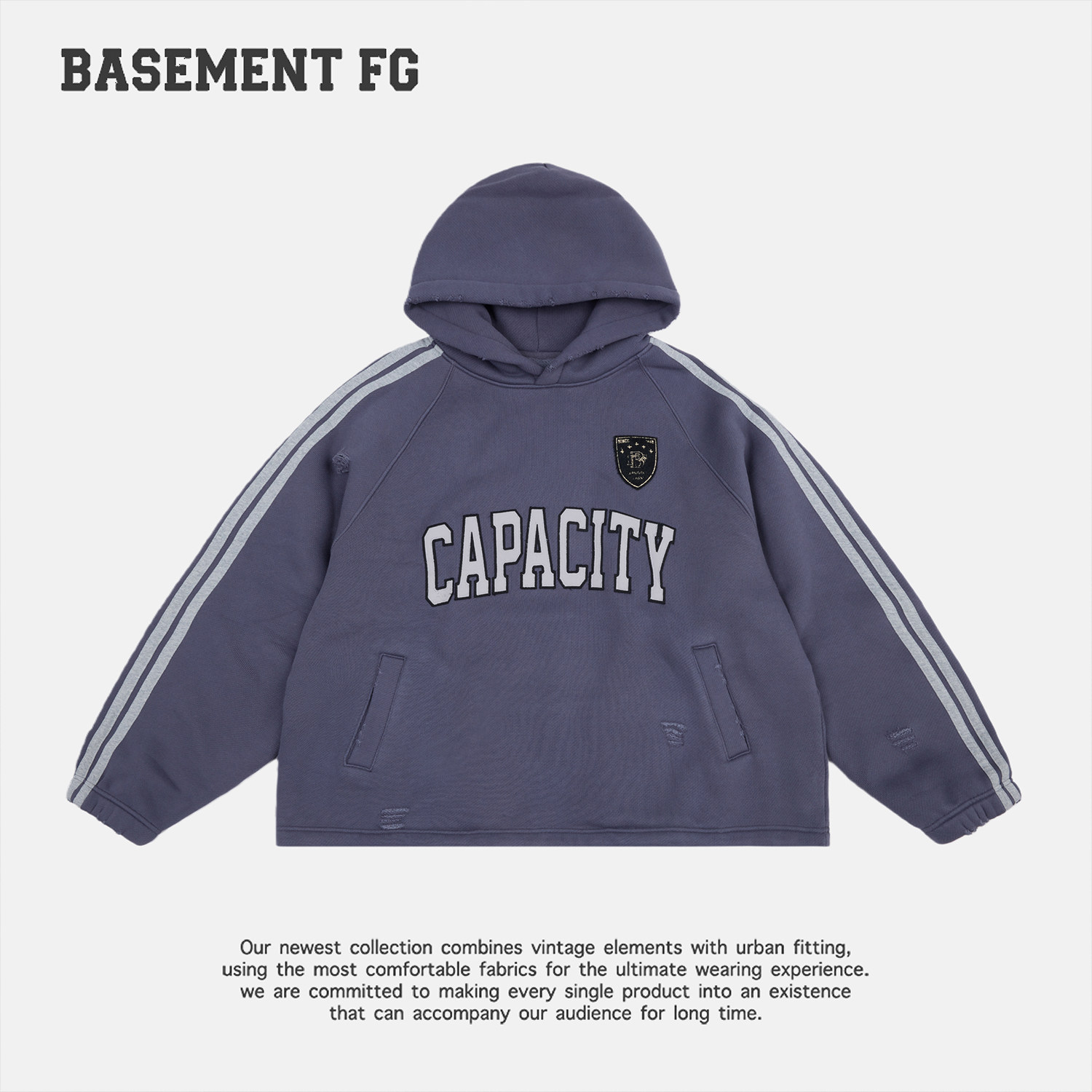 BASEMENTFG美式复古运动风连帽卫衣条纹字母印花帽衫251050073096