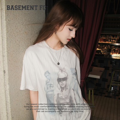BASEMENTFG美式慵懒风印花短袖T恤女夏季米灰色上衣261020184353