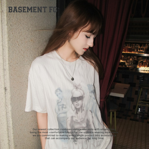 BASEMENTFG美式慵懒风印花短袖T恤女夏季米灰色上衣261020184353