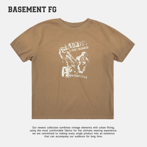 BASEMENTFG复古印花短袖T恤男女同款卡其色上衣261020042013