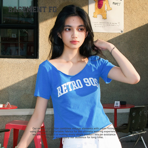 BASEMENTFG复古蓝色字母印花短袖T恤女夏季宽松上衣261020