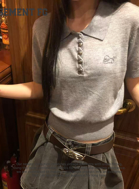 BASEMENTFG复古POLO领刺绣短袖针织T恤女灰色上衣263020015020