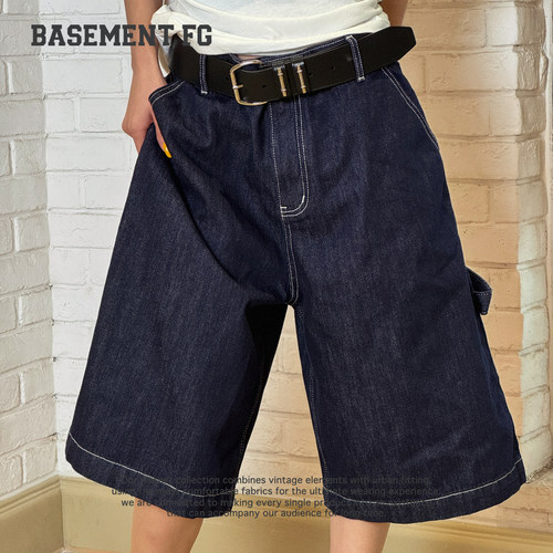 BASEMENTFG美式复古深蓝色牛仔七分裤女宽松百搭267320017029
