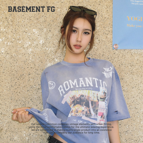 BASEMENTFG美式复古风短袖T恤女宽松印花字母上衣261020472072