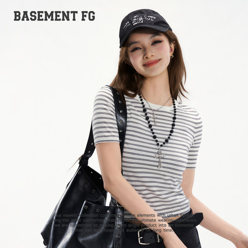 BASEMENTFG条纹短袖T恤女显瘦百搭复古条纹针织衫263020026052