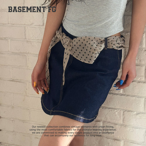BASEMENTFG甜美少女波点腰带牛仔裙女高腰A字短裙267350018054