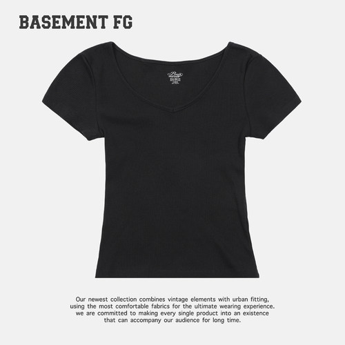 BASEMENTFG长绒棉美式复古V领短袖T恤女修身百搭上衣261020154021