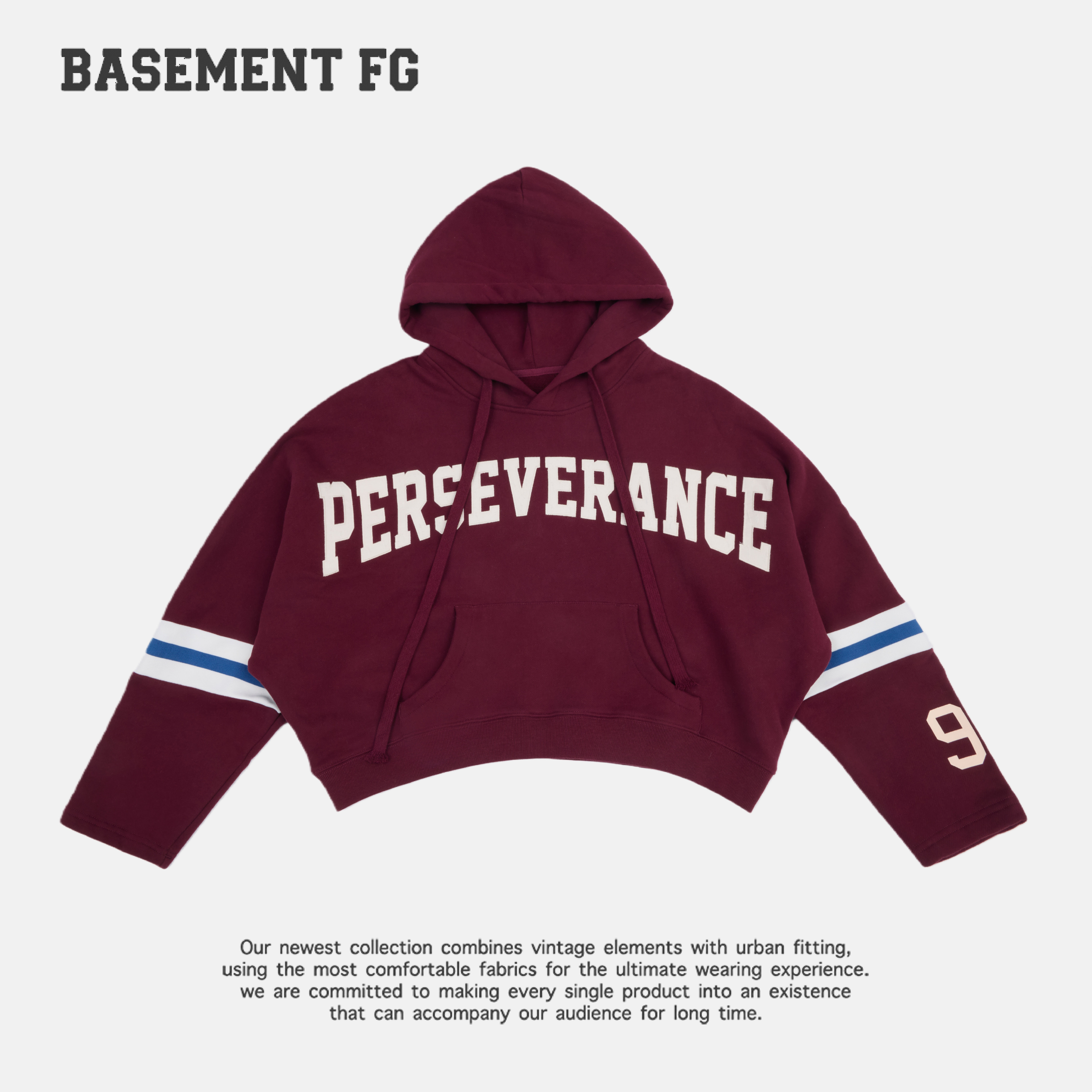 BASEMENTFG酒红色连帽卫衣短款字母印花潮牌上衣251050039067