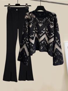 韩国活泼减龄套装2025新款女装秋冬显瘦遮肉毛衣微喇休闲裤两件套