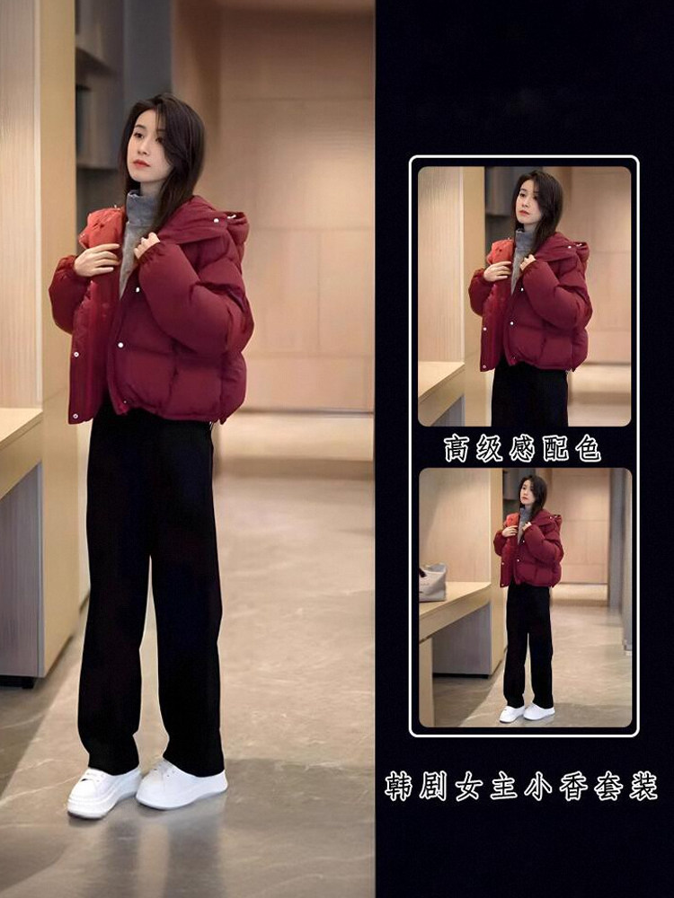 韩国深冬装搭配一整套冬季套装女高级感短款棉服加绒休闲裤两件套