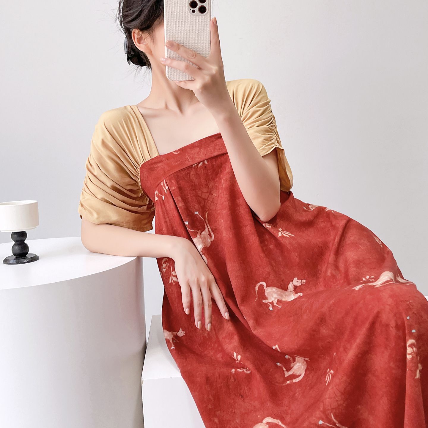 唐代连衣裙改良襦裙夏季短袖棉绸睡裙可外穿甜美裙子夏薄款家居服
