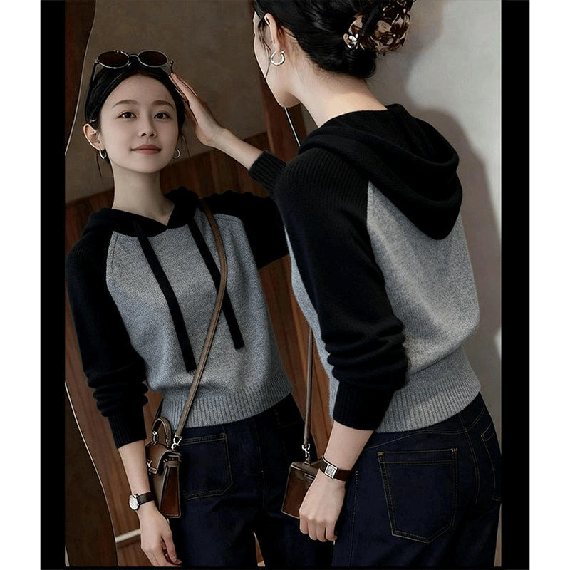 韩系撞色连帽毛衣女2026新款套头针织衫春秋百搭通勤风打底衫上衣,女装/女士精品,毛针织衫,淘宝优惠券,粉丝福利购,淘宝优惠卷