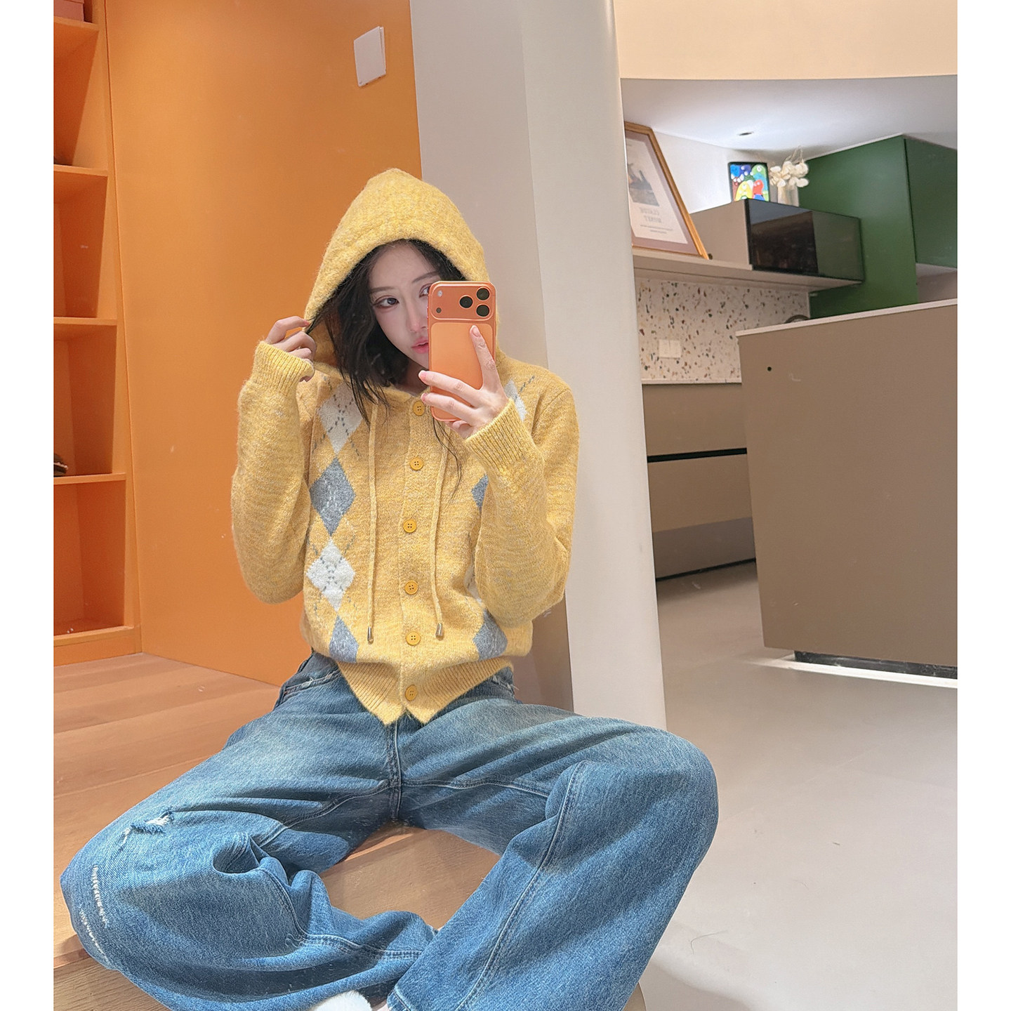 复古学院风菱格连帽短款针织开衫
