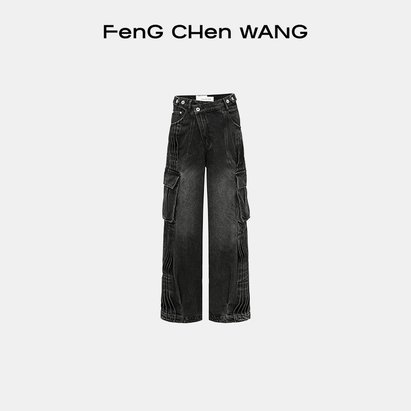 【FengChenWang】水洗复古斜裁口袋叠褶休闲牛仔裤男女同款