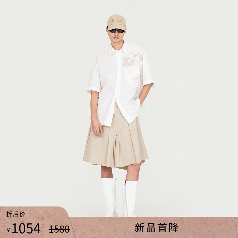 【明星同款】FengChenWang26春夏植物染竹叶印花短袖男女同款衬衫