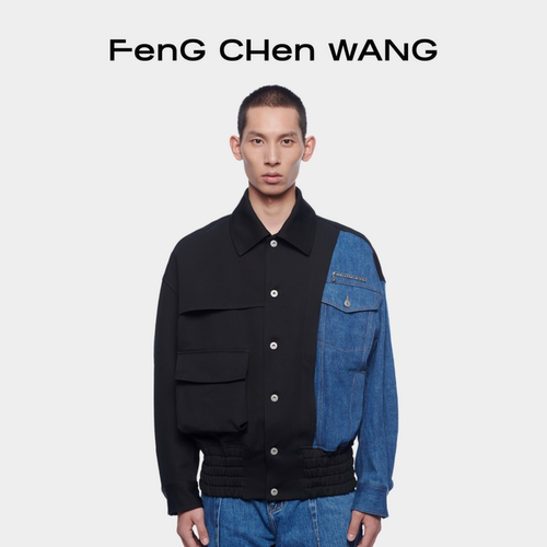 【FengChenWang】拼接系列黑蓝撞色麻纱解构再造牛仔夹克外套