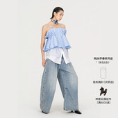 FengChenWang26早春蓝色荷叶翻边女士短款 新品 吊带背心