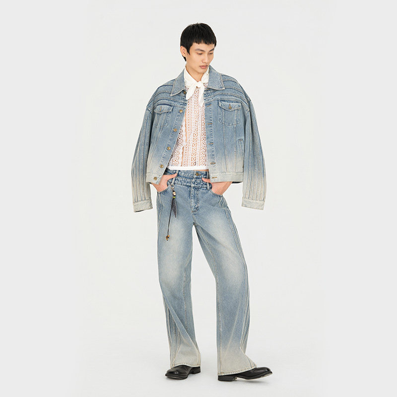 【新品】FengChenWang26早春蓝色缝线双腰牛仔长裤男女同款