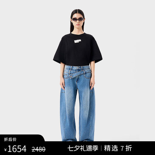 FengChenWang双腰头弯刀牛仔裤