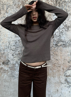 3Qha 秋冬纯色船领松弛感一字领长袖针织衫上衣女