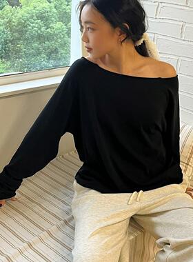 3Qha 秋季休闲时尚卫衣长袖宽松版欧美风露肩上衣