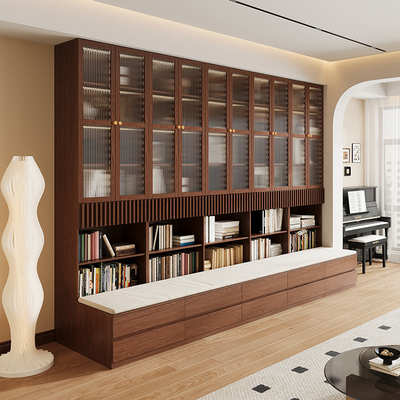 政补实木卡座书柜一体到顶靠墙中古风玻璃门客厅储物柜落地展示柜